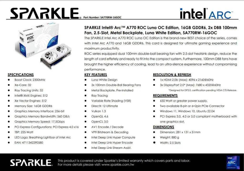 SPARKLE Intel Arc A770 ROC LUNA OC Edition Specs